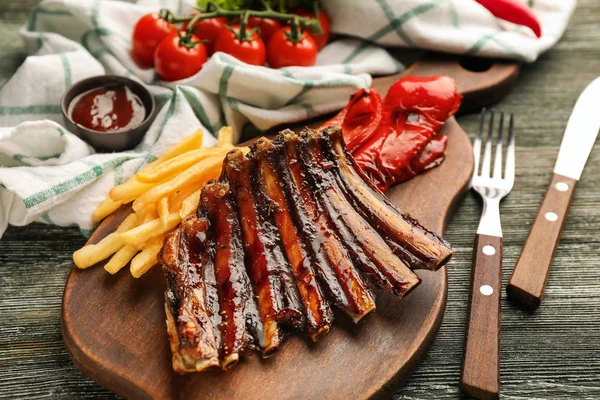 Delicious Grilled Ribs French Fries Pepper Wooden Board — Stock Photo, Image