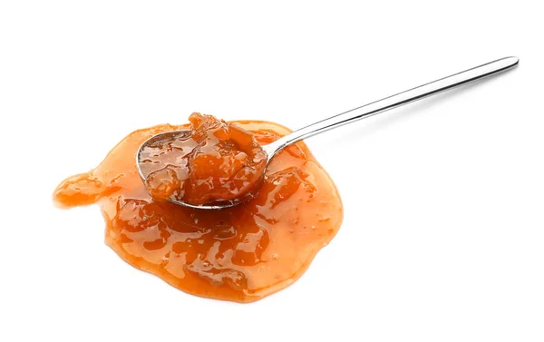 Spoon Tasty Apricot Jam White Background — Stock Photo, Image