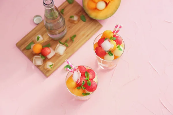 Composition Tasty Melon Balls Color Table — Stock Photo, Image