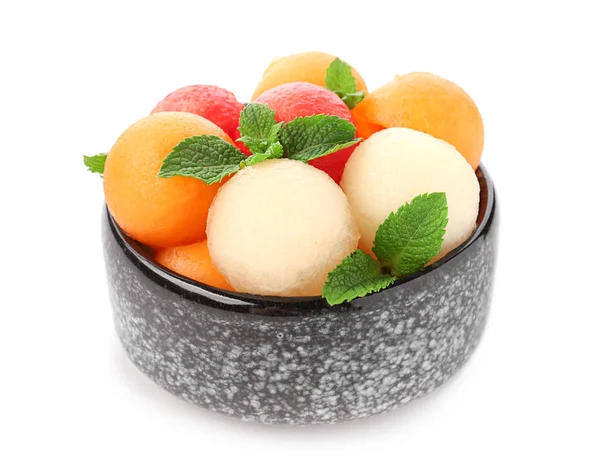 Skål Med Välsmakande Melon Dessert Vit Bakgrund — Stockfoto