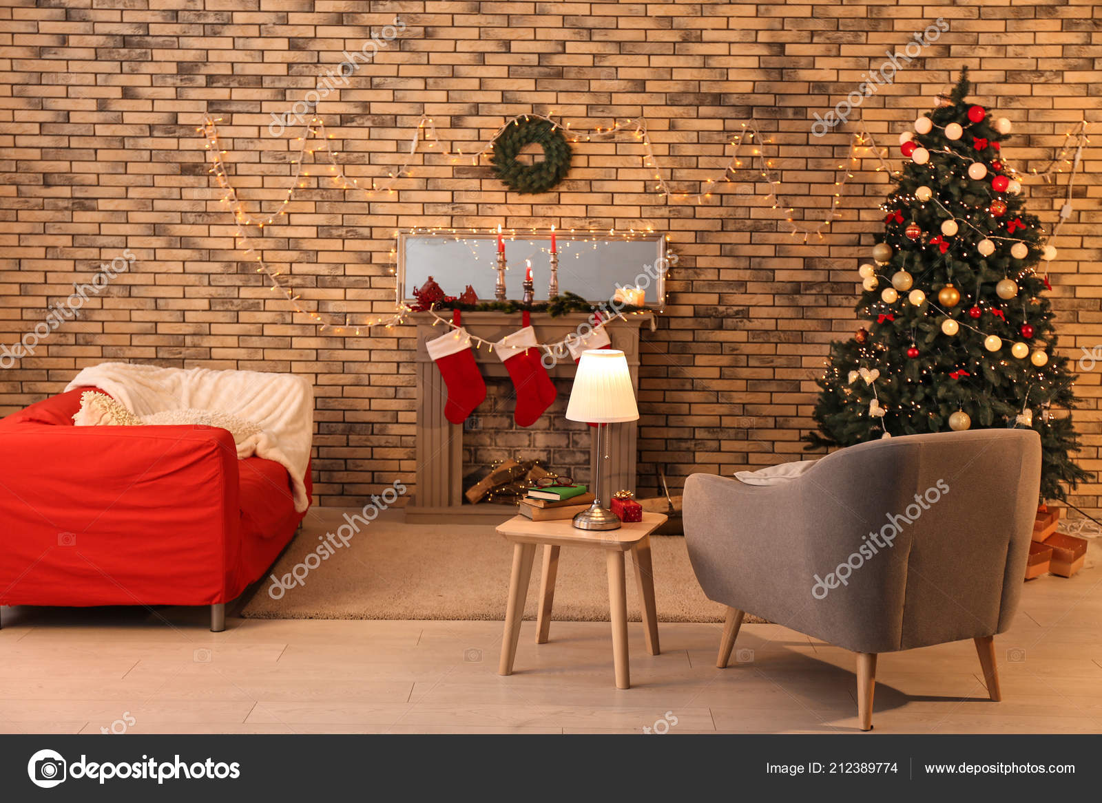 Stylish Interior Room Beautiful Christmas Fir Tree Decorative