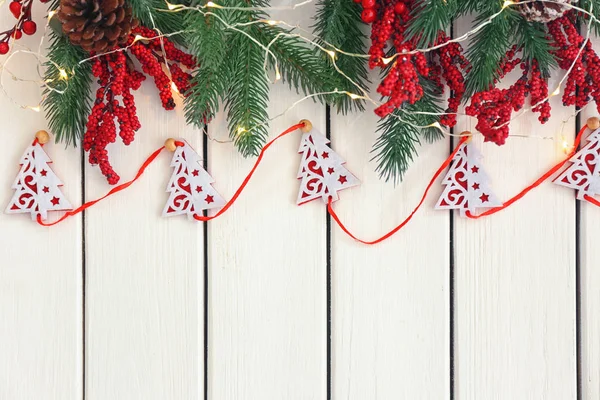 Fir Tree Branches Christmas Decorations White Wooden Table — Stock Photo, Image