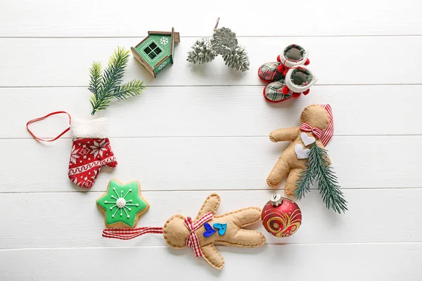 Frame Made Christmas Decorations White Wooden Table — Stock Photo, Image