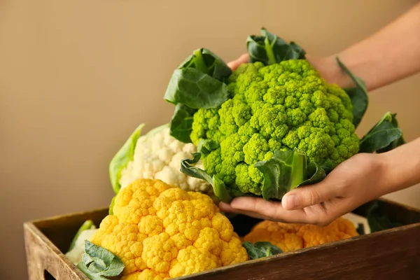 Woman Holding Green Cauliflower Closeup — Stock Photo, Image