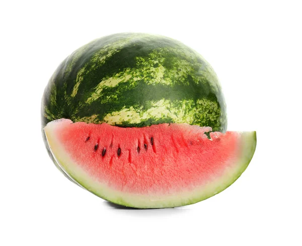 Rijpe Watermeloen Met Schijfje Witte Achtergrond — Stockfoto