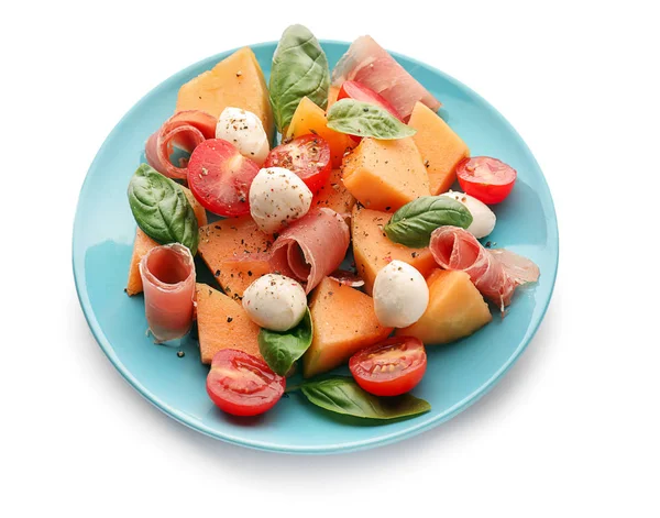 Delicious Salad Melon Prosciutto White Background — Stock Photo, Image