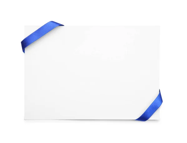 Prázdný Papír Karta Modré Stužky Bílém Pozadí — Stock fotografie