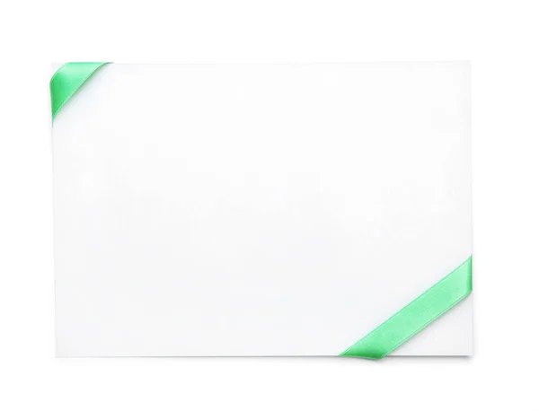 Prázdný Papír Karta Zelenými Pásky Bílém Pozadí — Stock fotografie