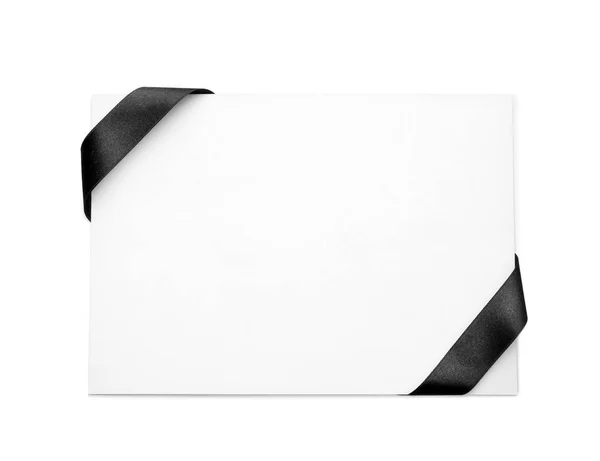 Prázdný Papír Karta Černými Stuhami Bílém Pozadí — Stock fotografie