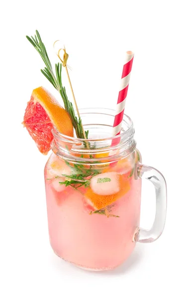 Fresh Grapefruit Cocktail Rosemary Mason Jar White Background — Stock Photo, Image