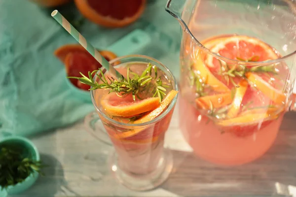 Glass Jug Fresh Cold Grapefruit Cocktail White Table — Stock Photo, Image