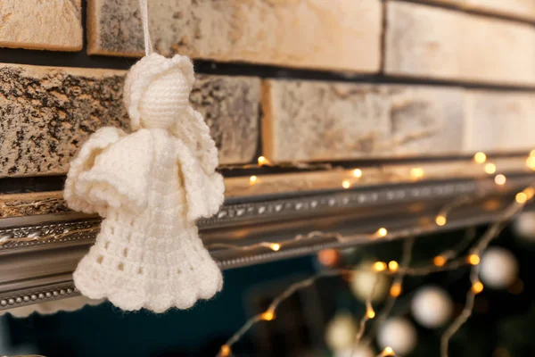 Knitted Toy Angel Brick Wall — Stock Photo, Image