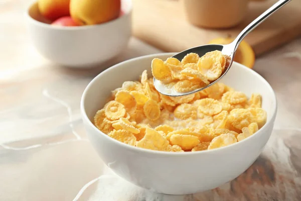 Eating Healthy Cornflakes Milk Bowl Table Closeup — Stock Photo, Image