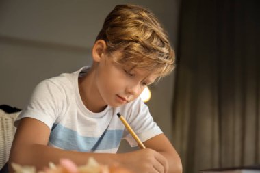 Sevimli küçük çocuk onun dersleri evde yapıyor