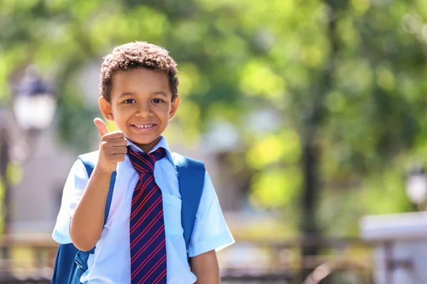 Cute African American Schoolboy Showing Thumb Gesture Outdoors — Stock Photo, Image