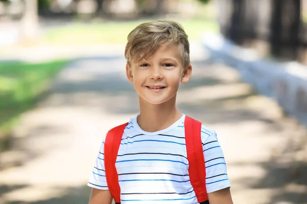 Portret Van Een Leuke Schooljongen Buiten — Stockfoto