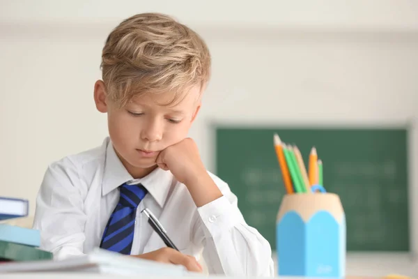 Cute Little Boy Doing Homework Classroom — Stock Photo, Image