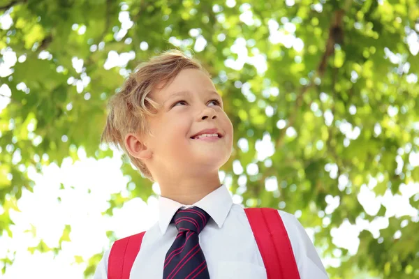 Portrait Cute Little Schoolboy Outdoors — Stock Photo, Image