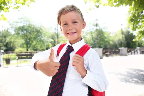 Portrait Cute Little Schoolboy Outdoors — Stock Photo, Image
