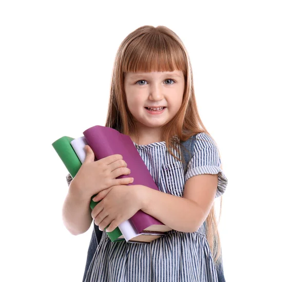 Carino Piccola Studentessa Con Libri Sfondo Bianco — Foto Stock