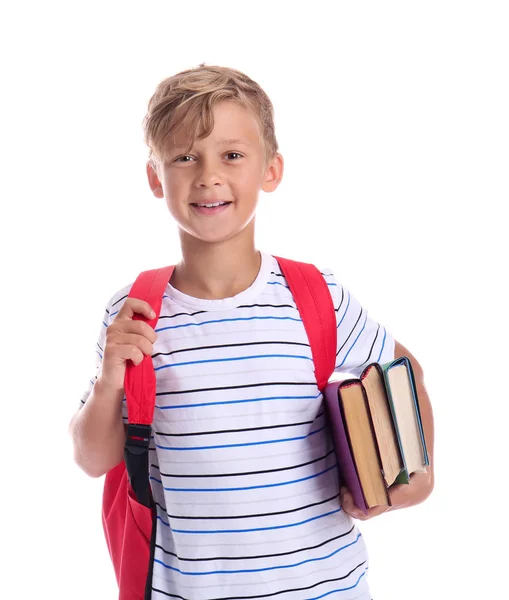 Schattig Klein Schooljongetje Met Boeken Witte Achtergrond — Stockfoto