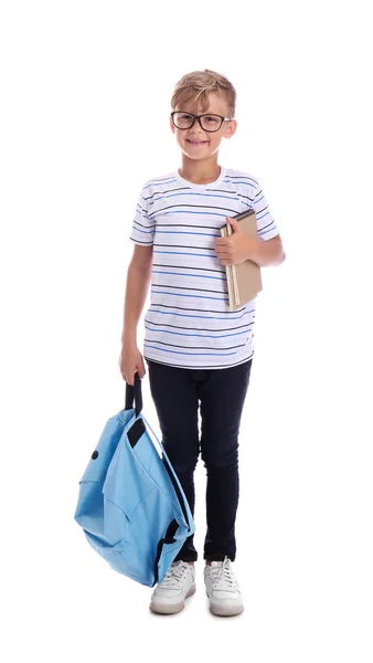 可爱的小男孩与背包在白色背景 — 图库照片