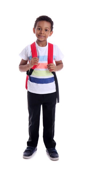 Cute African-American schoolboy on white background
