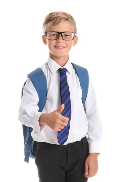 Schattige Kleine Schooljongen Gebaar Van Duim Omhoog Weergegeven Witte Achtergrond — Stockfoto