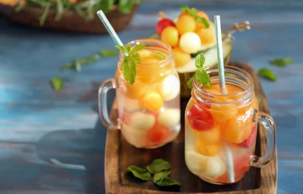 Mason Jars Delicious Cocktails Melon Balls Wooden Board — Stock Photo, Image