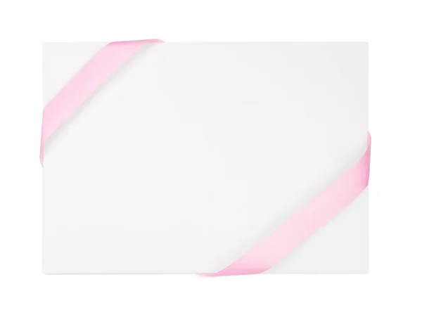 Papieren Kaart Met Roze Linten Witte Achtergrond — Stockfoto