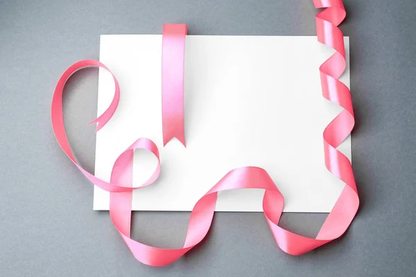 Blank Paper Card Pink Ribbons Grey Background — Stock Photo, Image