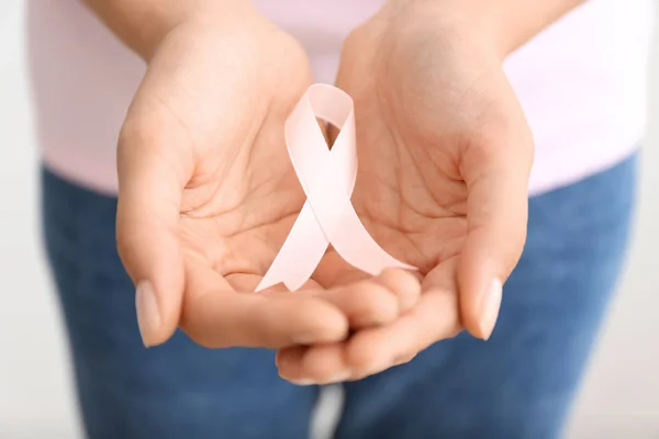 Woman Holding Pink Ribbon Closeup Breast Cancer Concept — Stock Photo, Image