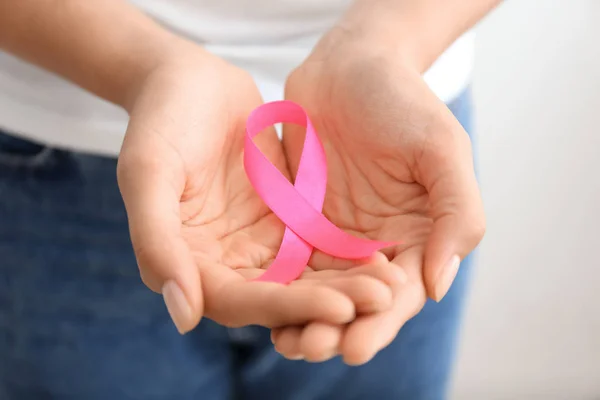 Woman Holding Pink Ribbon Closeup Breast Cancer Concept — Stock Photo, Image