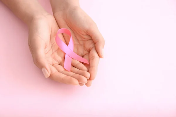 Woman Holding Pink Ribbon Color Background Breast Cancer Concept — Stock Photo, Image