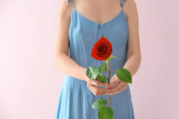 Woman Beautiful Red Rose Color Background — Stock Photo, Image