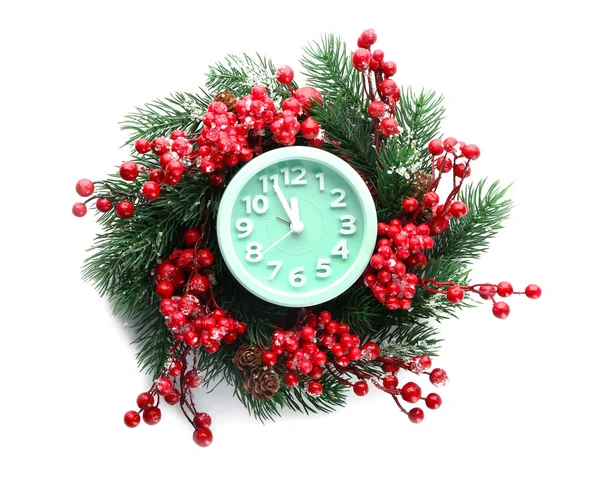 Reloj Despertador Decoración Festiva Sobre Fondo Blanco Cuenta Atrás Navidad — Foto de Stock