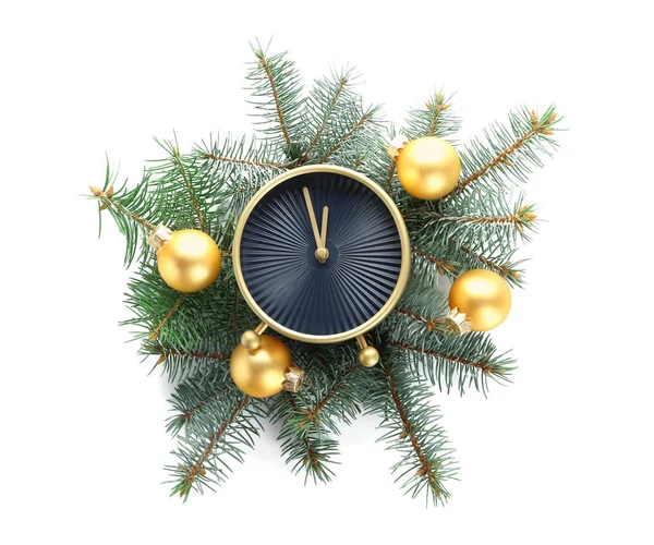 Reloj Despertador Decoración Festiva Sobre Fondo Blanco Cuenta Atrás Navidad — Foto de Stock