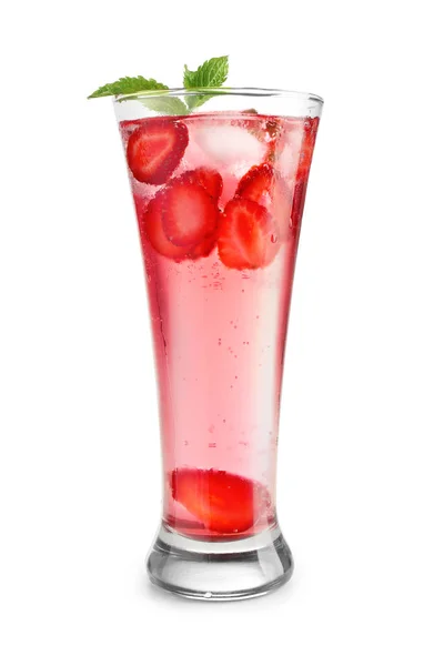 Glas Verse Aardbeiplanten Cocktail Witte Achtergrond — Stockfoto