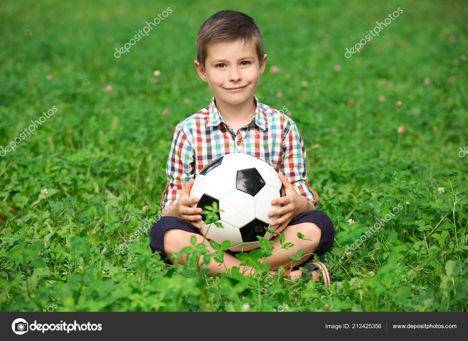 Cute Little Boy Ball Park Summer Day Stock Photo by ©serezniy 212425356