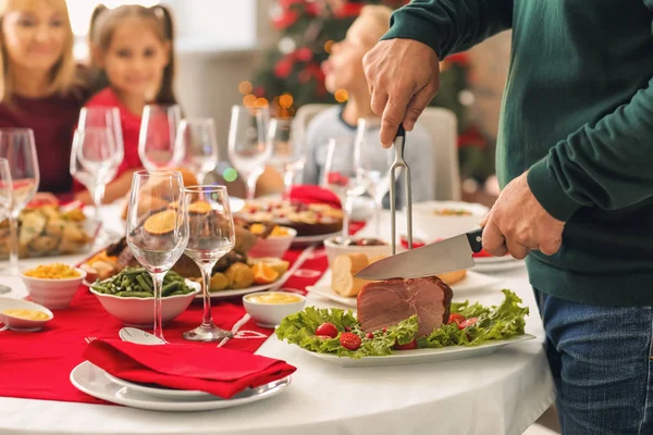 Man Cutting Tasty Ham Christmas Dinner — Stock Photo, Image