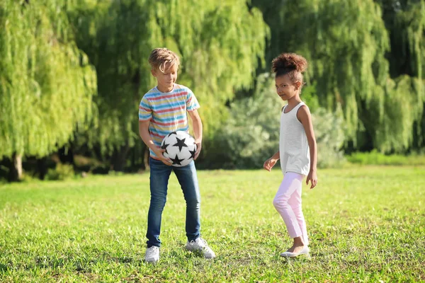 Carino Bambini Piccoli Che Giocano Con Palla All Aperto — Foto Stock