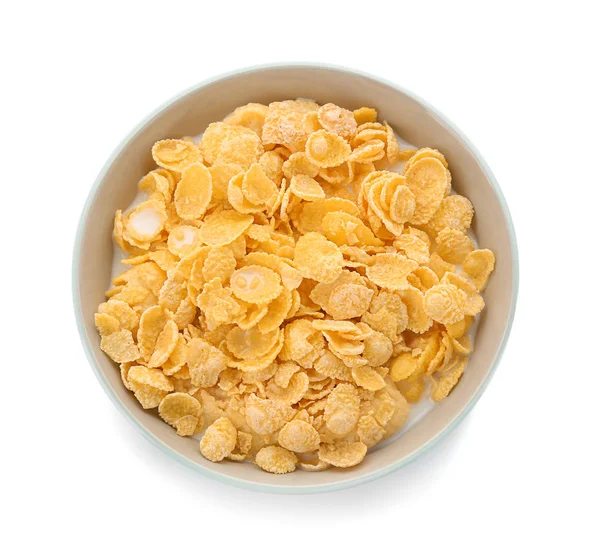 Bowl Healthy Cornflakes Milk White Background — Stock Photo, Image