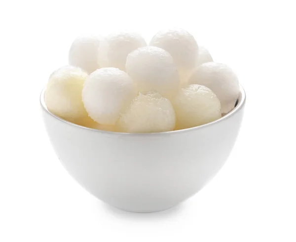 Bowl Delicious Melon Balls White Background — Stock Photo, Image