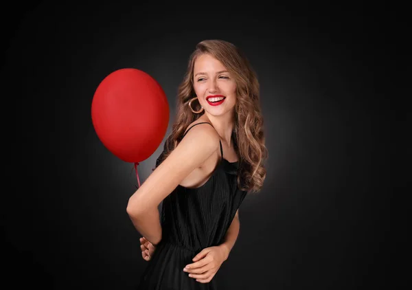 Beautiful Young Woman Balloon Dark Background — Stock Photo, Image