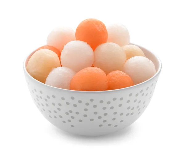 Bowl Delicious Melon Balls White Background — Stock Photo, Image