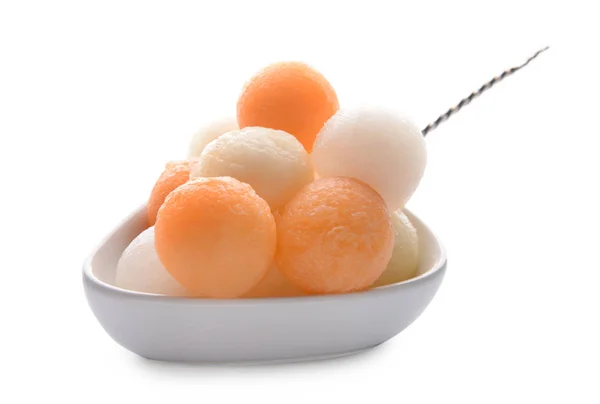 Bowl Delicious Melon Balls White Background — Stock Photo, Image
