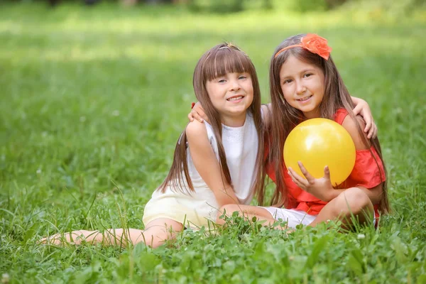 Cute Little Girls Ball Park Summer Day — Stock Photo, Image