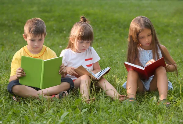 Sevimli Küçük Çocuklar Yaz Gününde Park Kitap Okuma — Stok fotoğraf