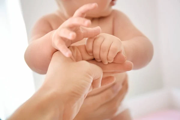 Cute Baby Holding Mother Hand Closeup — Stock Photo, Image