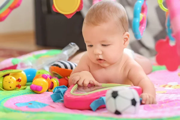 Cute Little Baby Toys Lying Bed — Stock Photo, Image